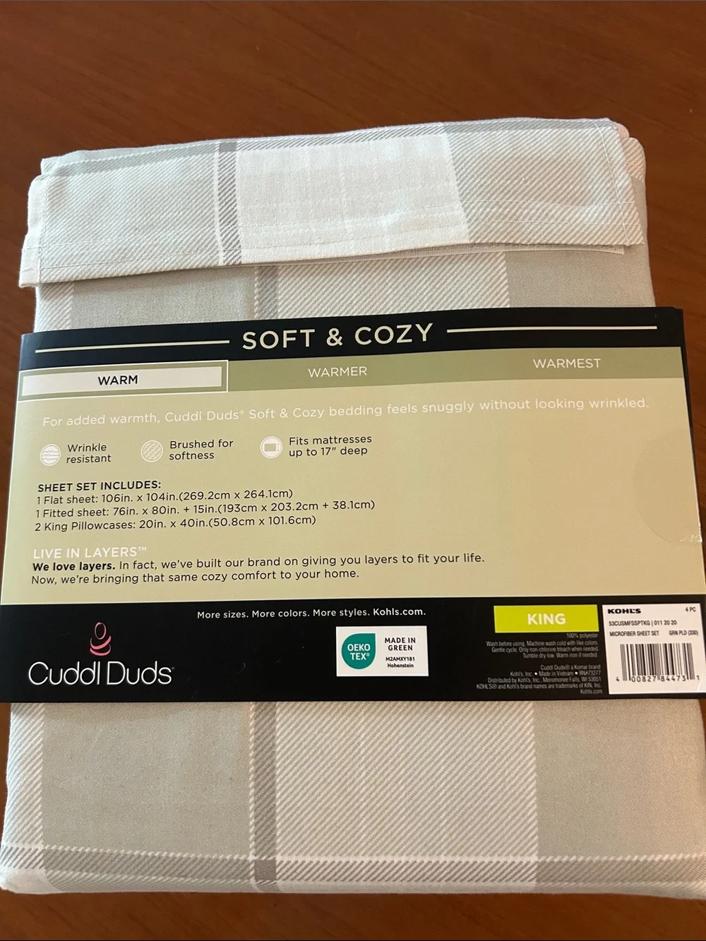 Cuddl Duds King Sheet Set - Light Gray Plaid